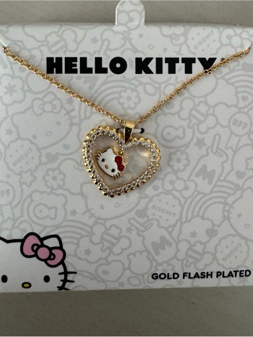 Hello Kitty Gold Heart Pendant Necklace with Pink Bow